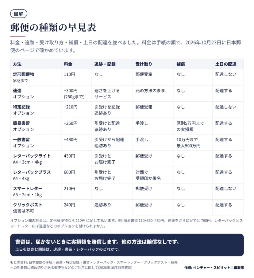 図解。郵便の種類の早見表。定形郵便物110円(50gまで)は追跡なし・補償なし・土日配達なし。速達は基本料金に300円(250gまで)で土日も配達。特定記録は210円で引受けを記録・郵便受箱・補償なし・土日配達なし。簡易書留は350円で手渡し・原則5万円までの実損額・土日配達あり。一般書留は480円で10万円まで最大500万円・土日配達あり。レターパックライト430円とプラス600円は追跡あり・補償なし・毎日配達。スマートレター210円は追跡なし・土日配達なし。クリックポスト240円は信書不可。例として簡易書留は110+350で460円、速達を足すと760円。