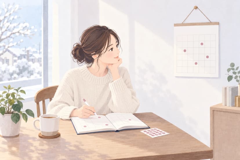 窓辺の木の机で、クリーム色のニットを着た30代の女性が、頬杖をついて壁のカレンダーを見ながら、開いた手帳にペンで書き込んでいる。カレンダーと手帳のいくつかのマスには、くすんだローズの丸いシールが貼られ、机にはシールの台紙と紅茶のカップ、観葉植物がある。窓の外には雪の積もった木が見える。