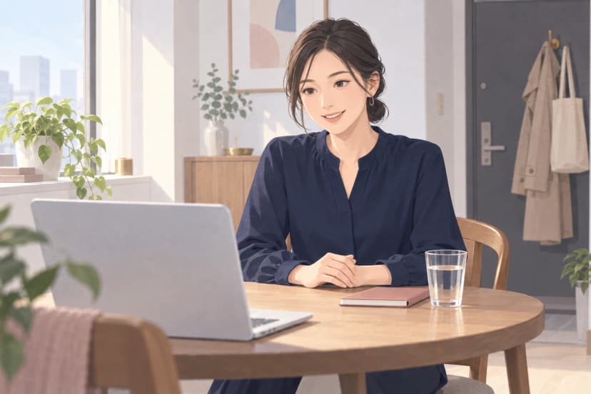 朝の光が入る部屋の丸いテーブルで、紺のブラウスを着た30代の女性が、手前に置いた銀色のノートパソコンに向かって穏やかに話している。テーブルには閉じた手帳と水の入ったグラス。奥の玄関の扉のそばには、出勤用のベージュのコートとトートバッグが掛けてある。窓辺には観葉植物。